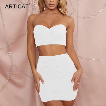 Ruched Bodycon Two Piece Set Dress Women Sexy Strapless Crop tops And Mini Dress 2 Piece Sets 